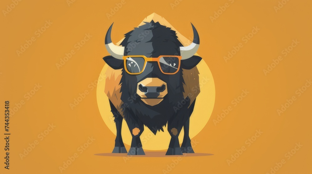 Illustration in flat style, A cute little bison wearing glasses posed ...