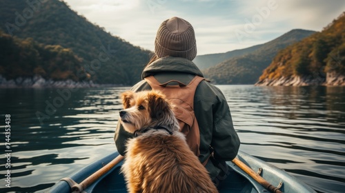 a traveler and his dog are having an adventure on a canoe photo