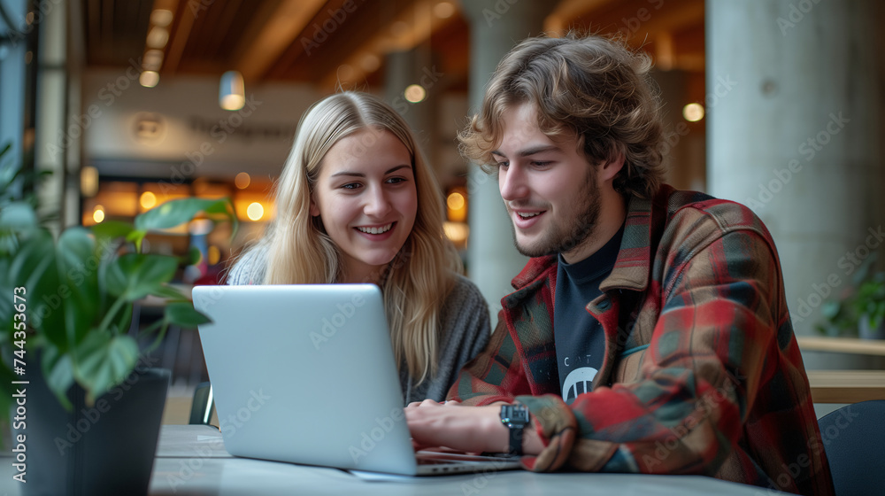 A young man and woman focused on a laptop screen while working collaboratively in a modern workspace. A young man and woman focused on a laptop screen while working collaboratively in a modern workspace.