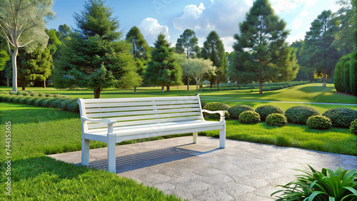 Empty bench amidst park's lush greenery