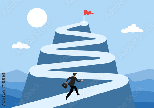Businessman leading to the top of a mountain. Route to success.