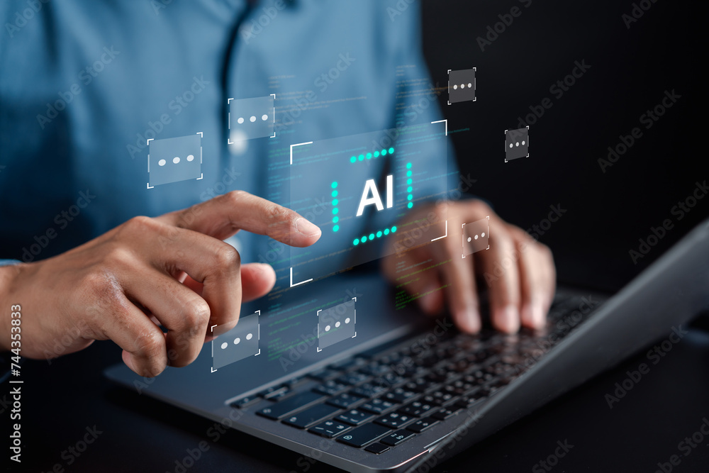 Businessman using ai technology. chat bot with AI Artificial Intelligence generate. Futuristic technology, robot in online system. Business in future... Businessman using ai technology. chat bot with AI Artificial Intelligence generate. Futuristic technology, robot in online system. Business in future...