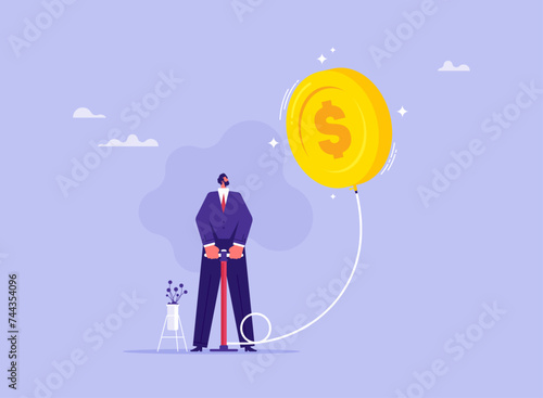 Inflation money and financial concept, businessman blowing a balloon in the shape of a gold coin by air pump