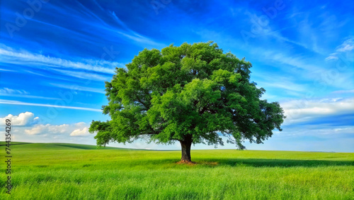 Tree in green field under blue sky
