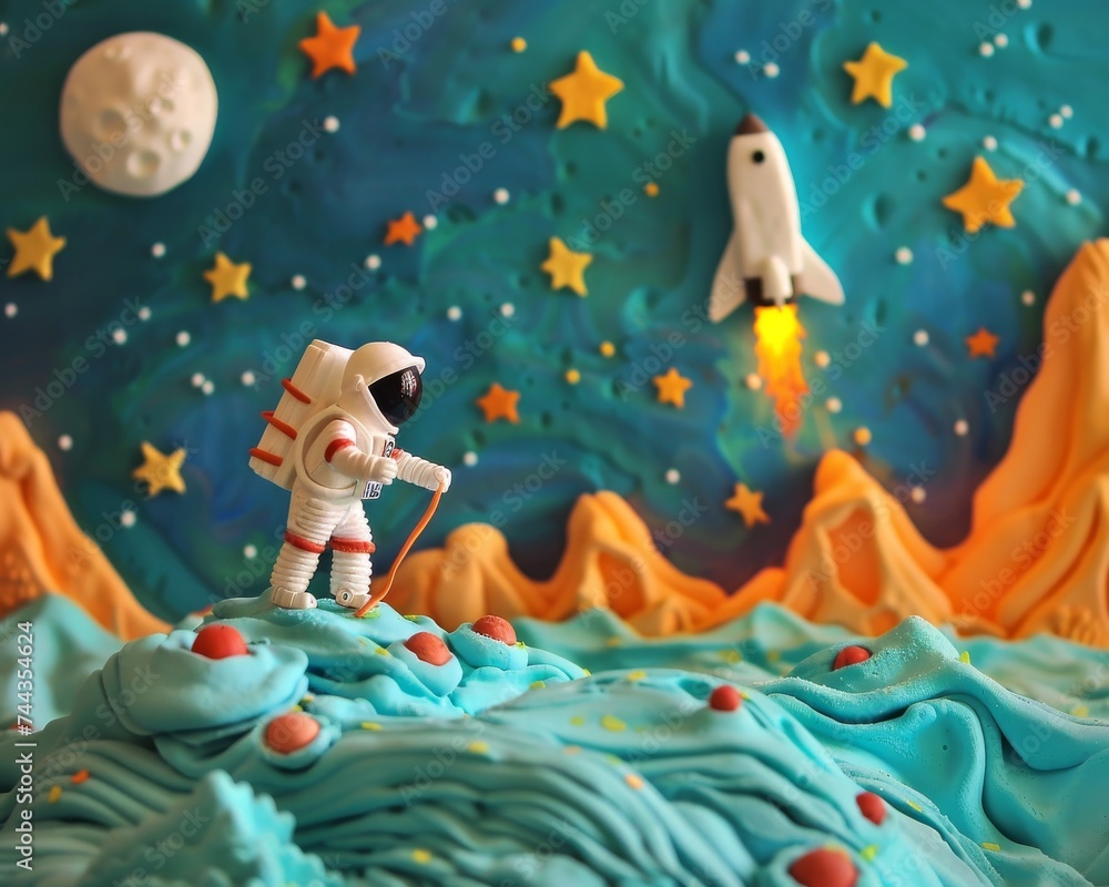 Naklejka premium A lively plasticine depiction of an astronaut exploring moon craters with a creatively modeled space shuttle and stars