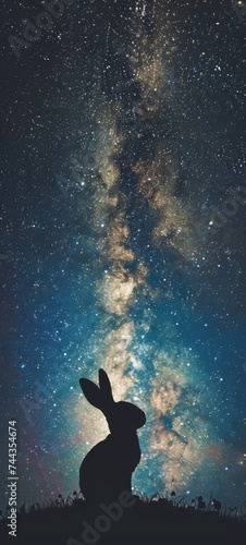 A majestic rabbit silhouette standing on the moon with a distant view of the Milky Way galaxy illuminating the scene