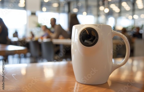 A modern coffee mug with an inconspicuous CCTV camera surveying a lively office break room photo