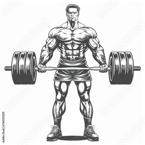 Muscle man bodybuilder holding a large barbell with big weights
