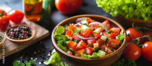 Fresh and delicious salad bowl with cherry tomatoes, red onions, and crisp lettuce leaves for healthy eating