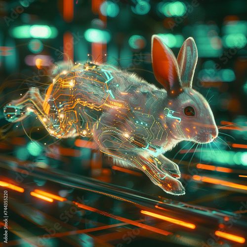 3d render of a bionic rabbit with enhanced speed circuits racing in a cybernetic field photo