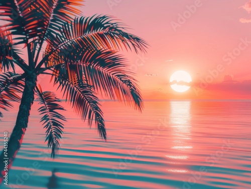 Electric 80s retro style tropical beach sunset with palm shadows nostalgic vaporwave aesthetic