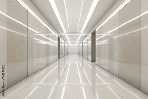 3d render of a corridor with a minimalist design and asymmetric light sources