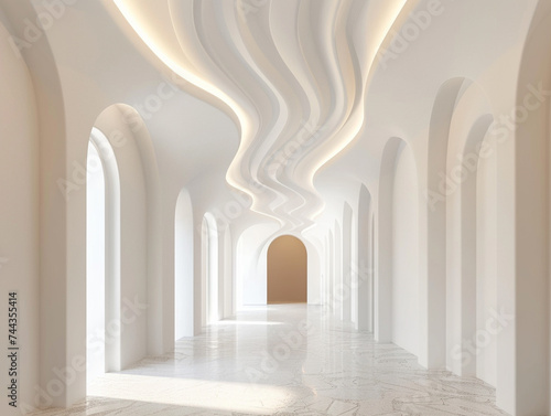 3d render of a corridor with a minimal wave like ceiling structure