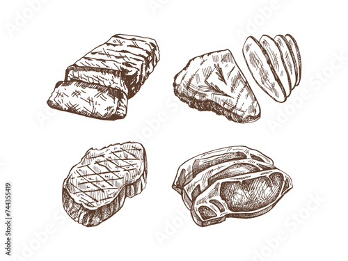 Organic food. Hand-drawn monochrome vector sketches of grilled beef steaks, pieces of meat. Vintage illustration. Decorations for the menu. Engraved image..