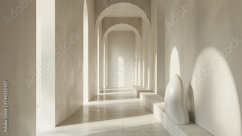 3d render of a corridor with a minimalist sculptural form as the focal point