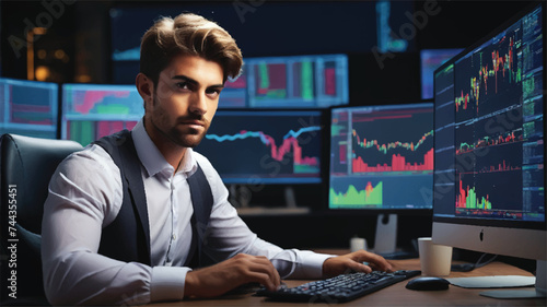 Portrait of Young Handsome Stock Exchange Broker Working on a Computer, Researching Real-Time Stocks Data, Analyzing Commodities and Exchange Market Charts. Professional Investment Agent in Office