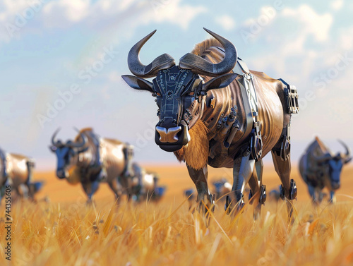 3d render of a cyber enhanced wildebeest with herd coordination AI in a virtual savanna