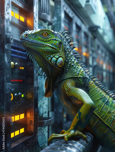 3d render of a cybernetic iguana with thermal regulation panels in a geothermal plant