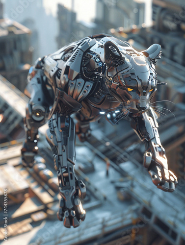 3d render of a cybernetic puma with agility enhancement modules leaping over rooftops