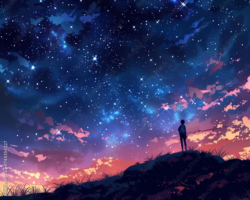 Star gazer standing on a hill mesmerized by a sky full of stars and a dazzling starfall enchanting atmosphere