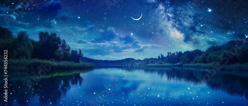 Starry night sky over a tranquil lake reflections of constellations and a crescent moon