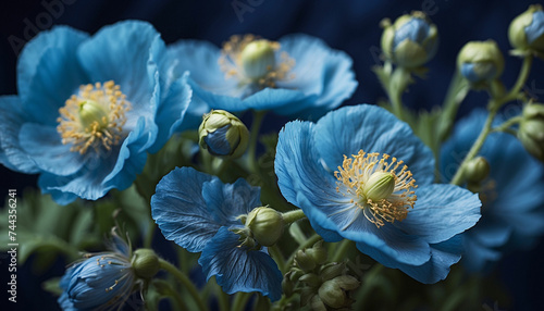 A shot of delicate Himalayan poppy flowers  their vivid blue petals highlighted against a soft  dreamy indigo background and the focus is on capturing the intricate details of the petals