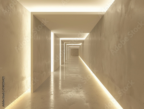 3d render of a minimalist corridor with a series of illuminated niches