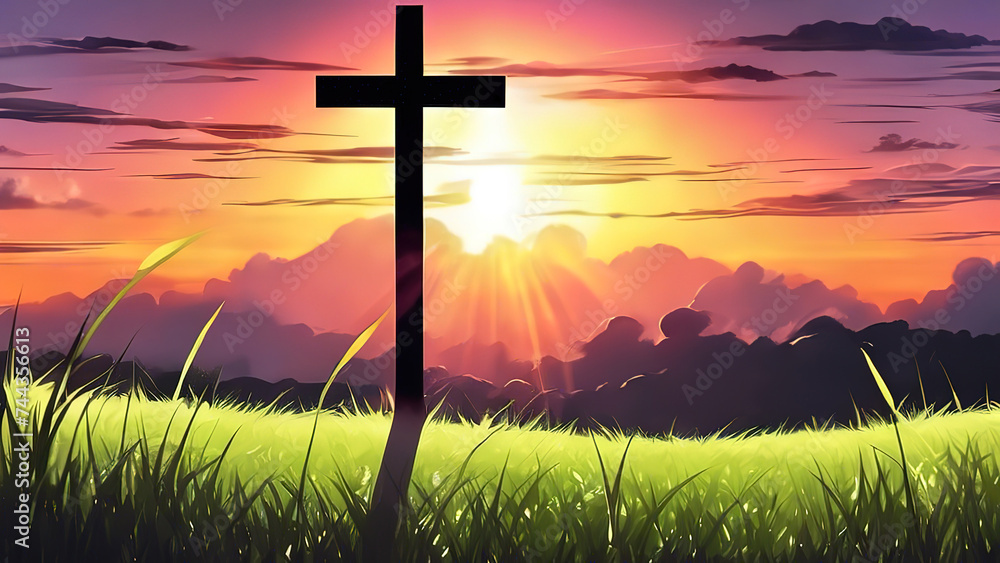 Superb black cross religion symbol silhouette in grass over sunset sky background