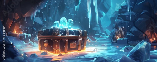 Glowing chest in an icy chamber sparkling with frozen gems surrounded by icicles