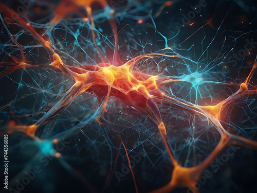 Closeup, design and brain neurons background for motion, neuroscience and chemistry dynamic. Ai generated, abstract and creative banner art for genetic impulse, neurology and psychedelic mockup space