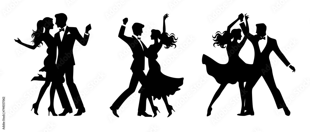 Classic Ballroom Party Dance Couple Silhouettes black filled vector Illustration
