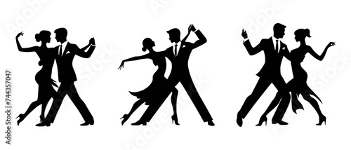 Classic Ballroom Party Dance Couple Silhouettes black filled vector Illustration