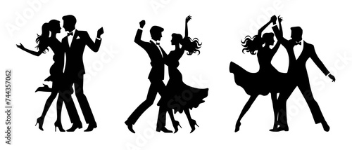 Classic Ballroom Party Dance Couple Silhouettes black filled vector Illustration