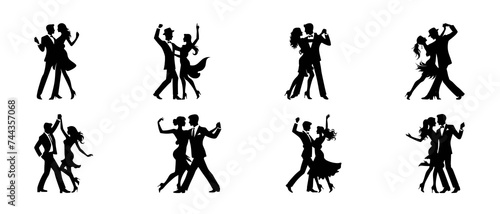 Classic Ballroom Party Dance Couple Silhouettes black filled vector Illustration