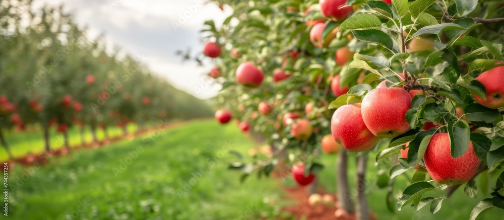 Obraz premium Fresh row of juicy ripe red apples in a farmers market display stand