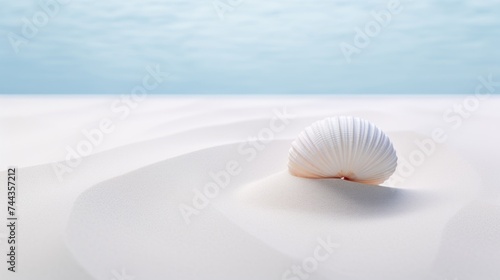 Seashell on white sand with blue sky and sea minimalist background.