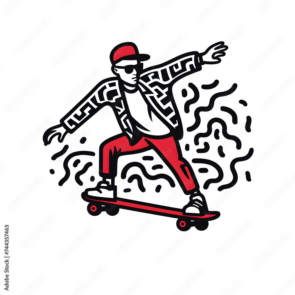 Young skateboarder with style. Outline drawn by hand
