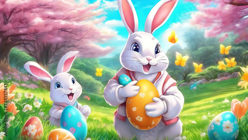 Eyecatching Garden scene with rabbit family cartoon character