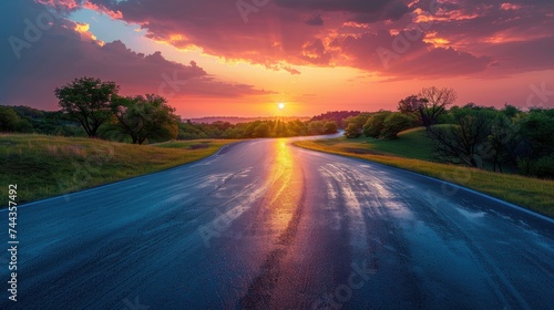 Wide race track and green woods nature landscape at sunset. photo