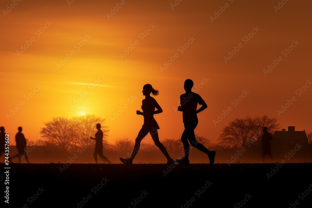 Girl runners sunset. Sun outdoor person. Generate Ai