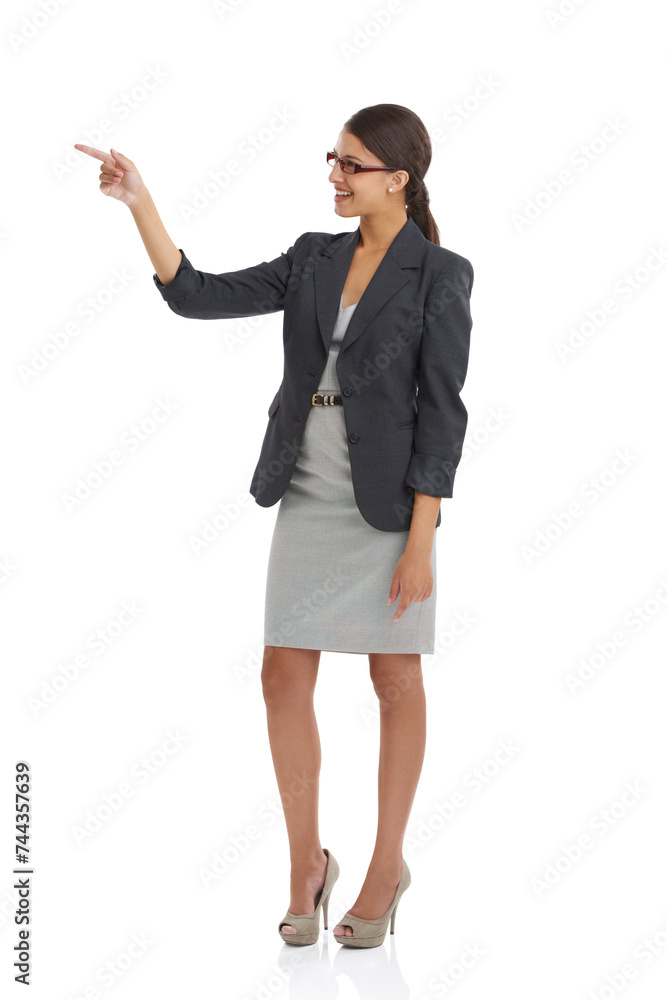 Portrait, business woman and point at presentation with information about us, communication and corporate training. Advertising, coaching and announcement with professional news or opportunity Portrait, business woman and point at presentation with information about us, communication and corporate training. Advertising, coaching and announcement with professional news or opportunity