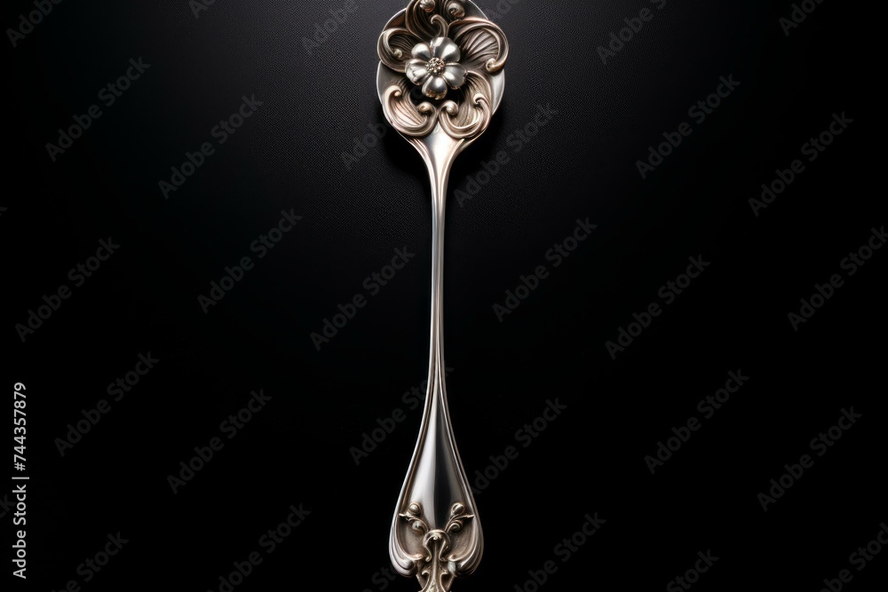 Silver antique spoon tool. Shiny ancient eating teaspoon with decoration elements. Generate ai