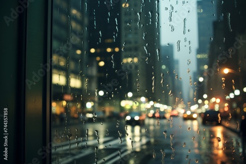 a view of a city street through a window on a rainy day