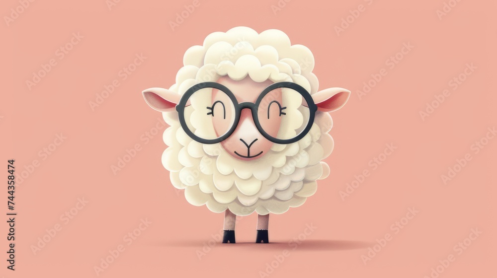 Illustration in flat style, A cute little sheep wearing glasses posed against a studio background Illustration in flat style, A cute little sheep wearing glasses posed against a studio background