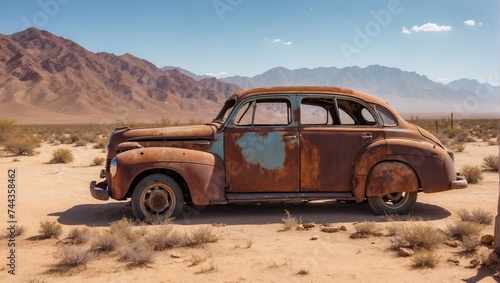 a rusted old car in the middle of a desert