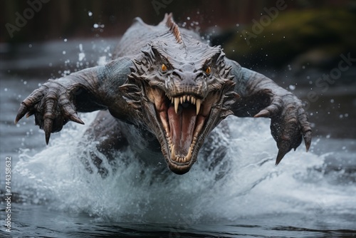 A crocodile leaping out of the water with jaws wide open