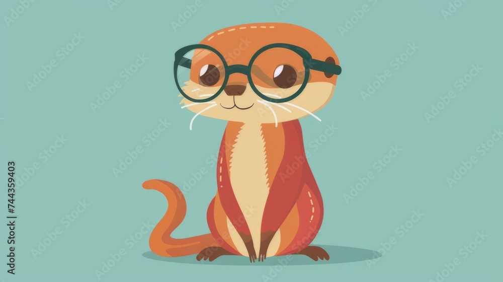 Illustration in flat style, A cute little weasel wearing glasses posed against a studio background