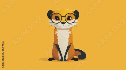 Illustration in flat style, A cute little weasel wearing glasses posed against a studio background