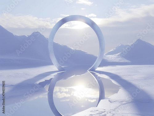 3d render of a mirror like portal in the middle of a snowy minimal landscape