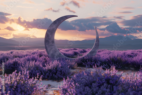 3d render of a portal shaped like a crescent moon in a sparse lavender field at dusk photo